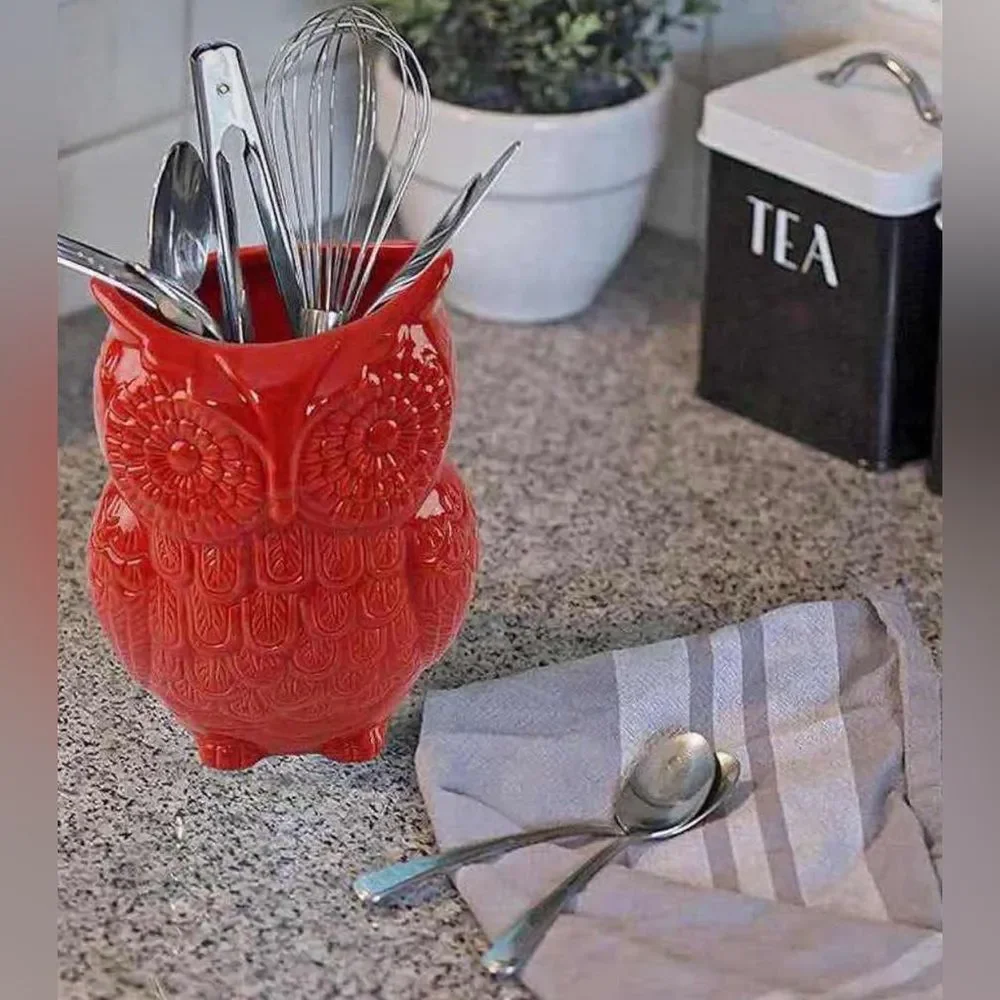 Home-X Red Large Ceramic Owl Kitchen Utensil Holder Caddy Farmhouse Decor NIB